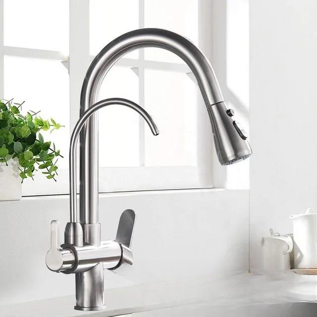 Purification Water Kitchen Faucet Black 360° Rotating Filter Water Faucets Pull Out Sprayer 3 Ways Hot Cold Water Mixer Tap