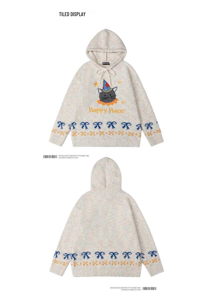 2025 Unisex Cat Embroidery Knit Hoodie - Autumn Loose Fit