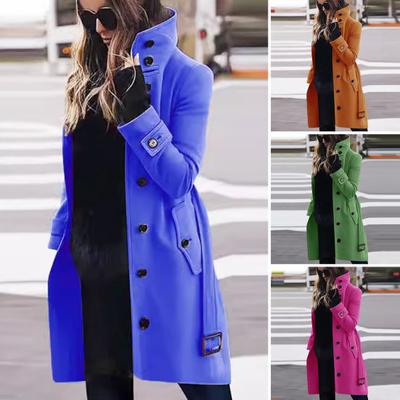 Winter Woolen Coat Plus Size High Collar Single-breasted with Belt Long Sleeves Thick Pure