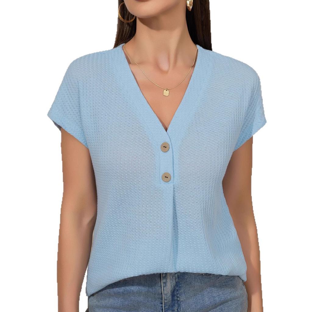 Spring and Summer Large-size Women's Clothing, New European and American Tops, Solid Color Buttons V-neck Short Sleeves for Women