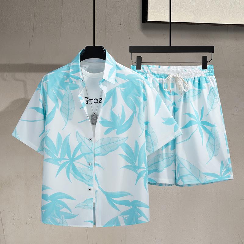 

Мужская гавайская рубашка большого размера из ледяного шелка с цветочным принтом - с коротким рукавом, праздничный островной стиль Regular XXL