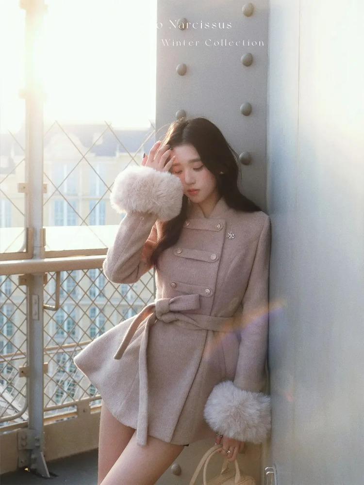 2025 Winter Französisch Vintage Elegant Wollmantel Frau Schwarz Schick Schal Umhang + Retro Locker Trenchcoat Damen Bandage Korea Modedesign Outfits