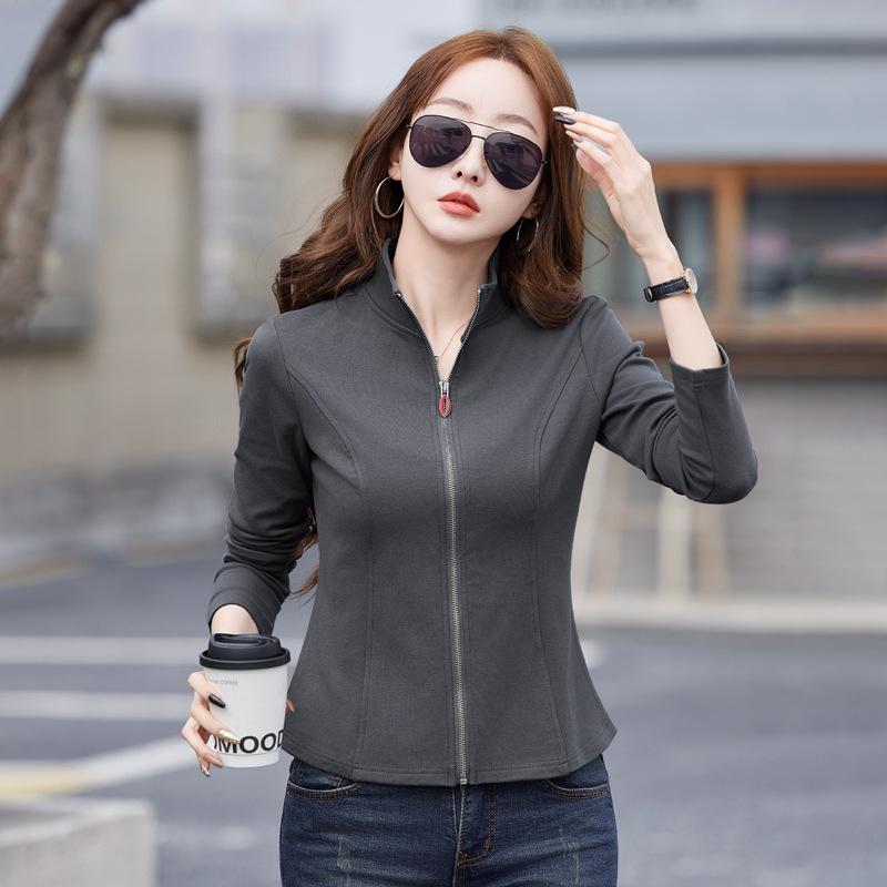 Dámský jarní ležérní sportovní kardigan s dlouhým rukávem a zipem se stojáčkem