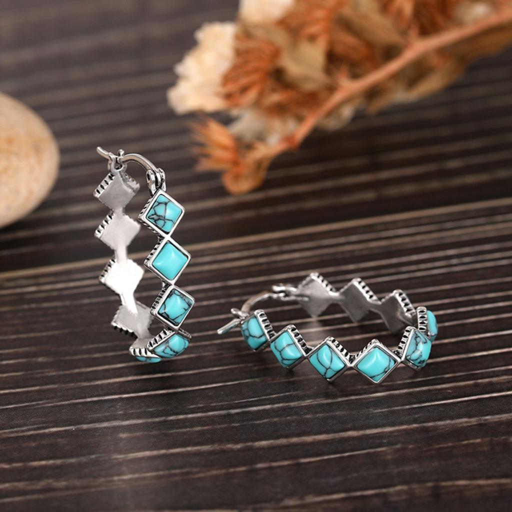 Retro Boho Geometric Zigzag Turquoise-Tone Hoop Earrings