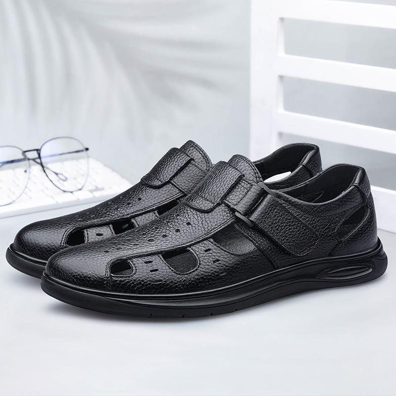 Fashion Summer Classic Black Hollow Out Leather Shoes Breathable and Comfortable Business Daily Hiking Shoes Middle Aged  Casual Shoes