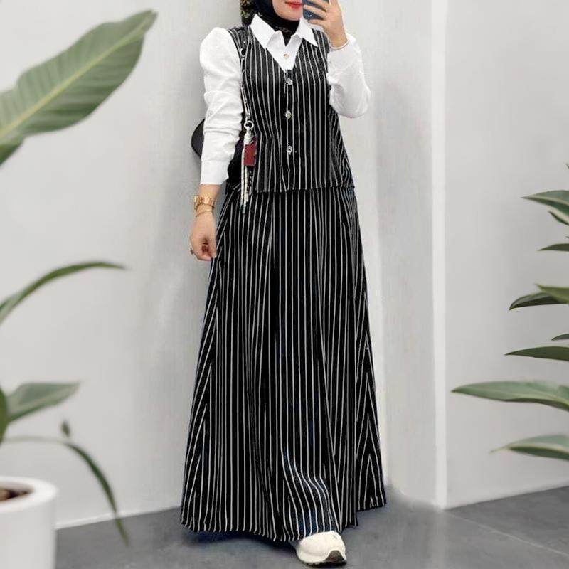 ZANZEA Women Splice Long Sleeve Blouse and Long Skirts Stripe Print Two Piece Sets