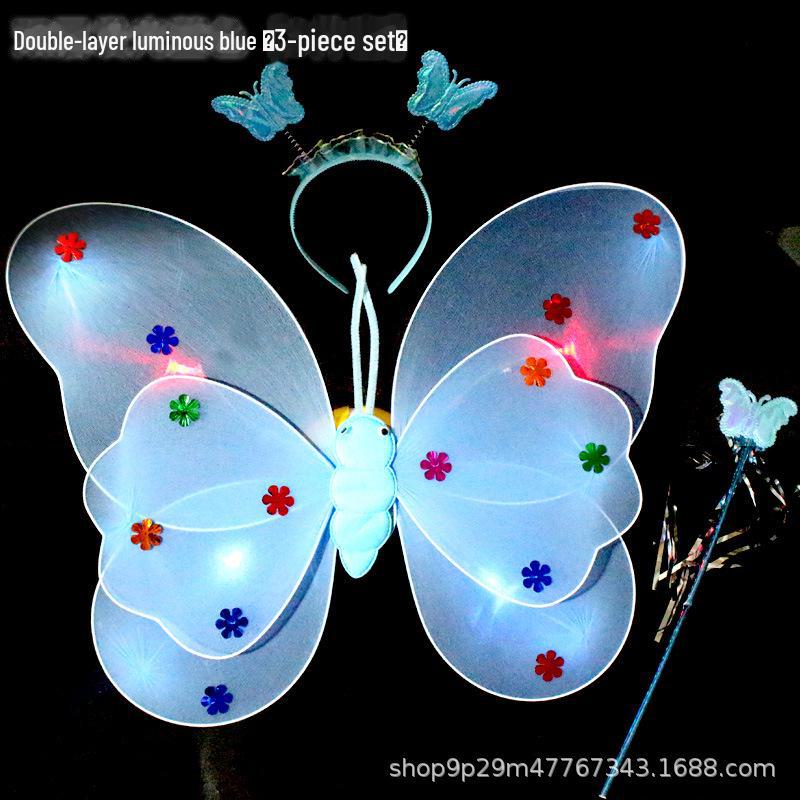 Children's Glow Angel Costume: Girl's Gauze Skirt with Flashing Wings and 20-Light Butterfly Design, 3-Piece Set.