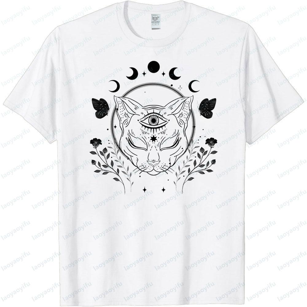 Mystical Wicca Cat TShirt Witchy Pagan Occult Clothing Graphic Printed Tshirt Women Fashion Aesthetic Short Sleeve Halloween T