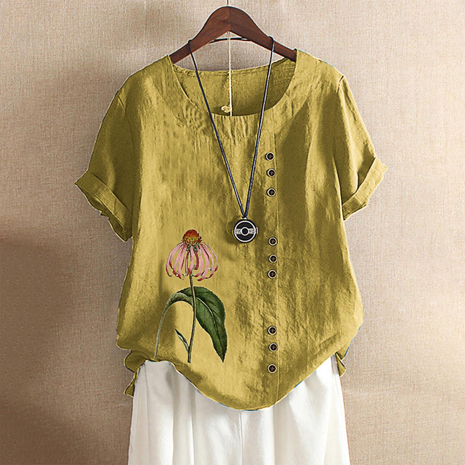

Women Short Sleeve Cotton Linen Button Print Blouse Top T-Shirt M жовтий