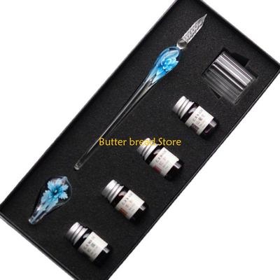 W89C 7PCS/SET Handmade Floral Glass Pen Dip Writing Pens Set for School
