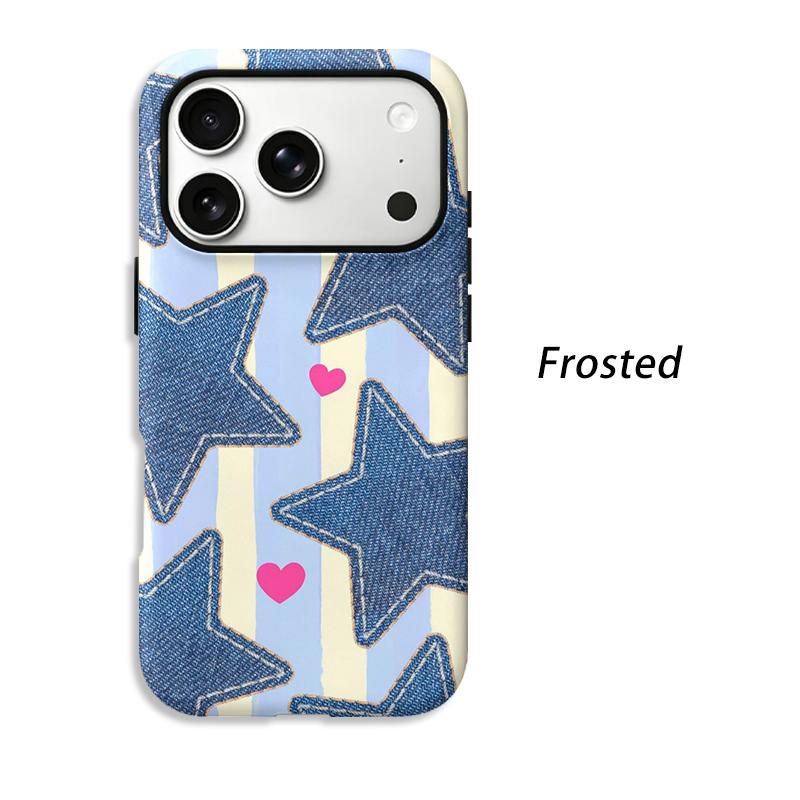 Cute Denim Jean Star Heart Striped Pattern Art Film Aesthetic Protective Shockproof Bumper Phone Case Cover For iPhone 14 15 16 Pro Max Plus
