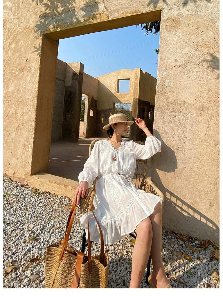 Southern France Long Sleeve White Shirt Dress - Women's Spring/Summer French Style