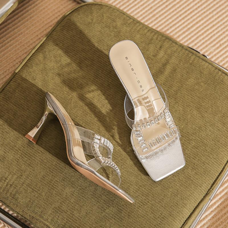 

7309 [sheepskin] square head slippers for women to wear in the summer of 2025, new rhinestone transparent high-heeled cool slippers 39