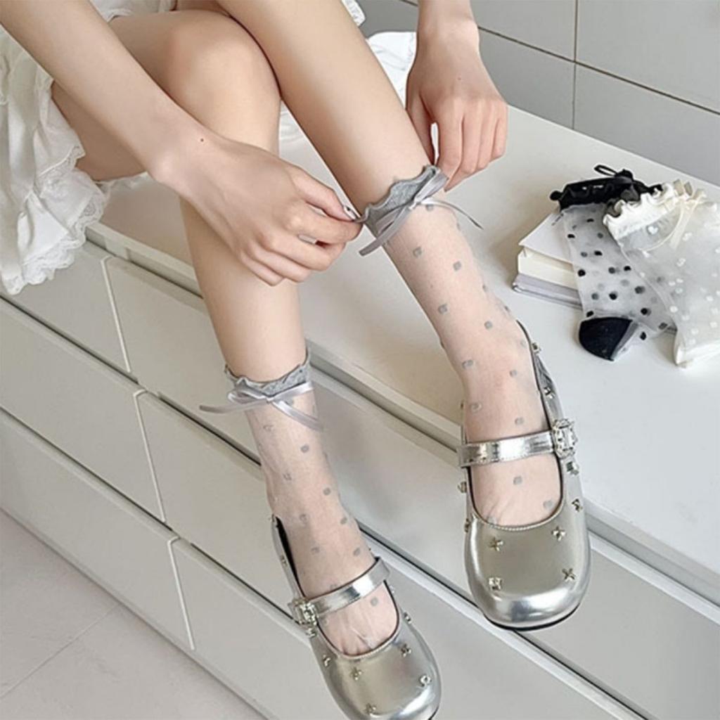 3pair women's Stockings French Sweet Lace Bow Polka Dot Transparent Glass Silk Socks for Women Elegant Comfortable Stockings