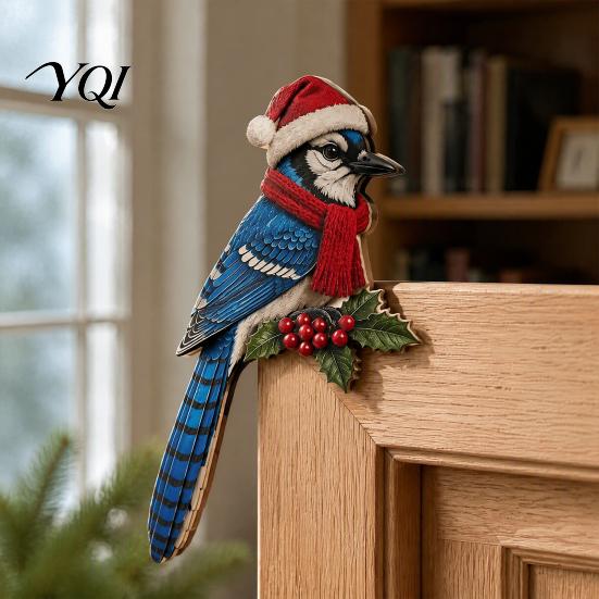 Christmas Door Corner Decoration Wooden Bird Topper, Cute Statue, Woodland Animal Frame Festive Home Wall Decor Art Sign for Winter Holiday