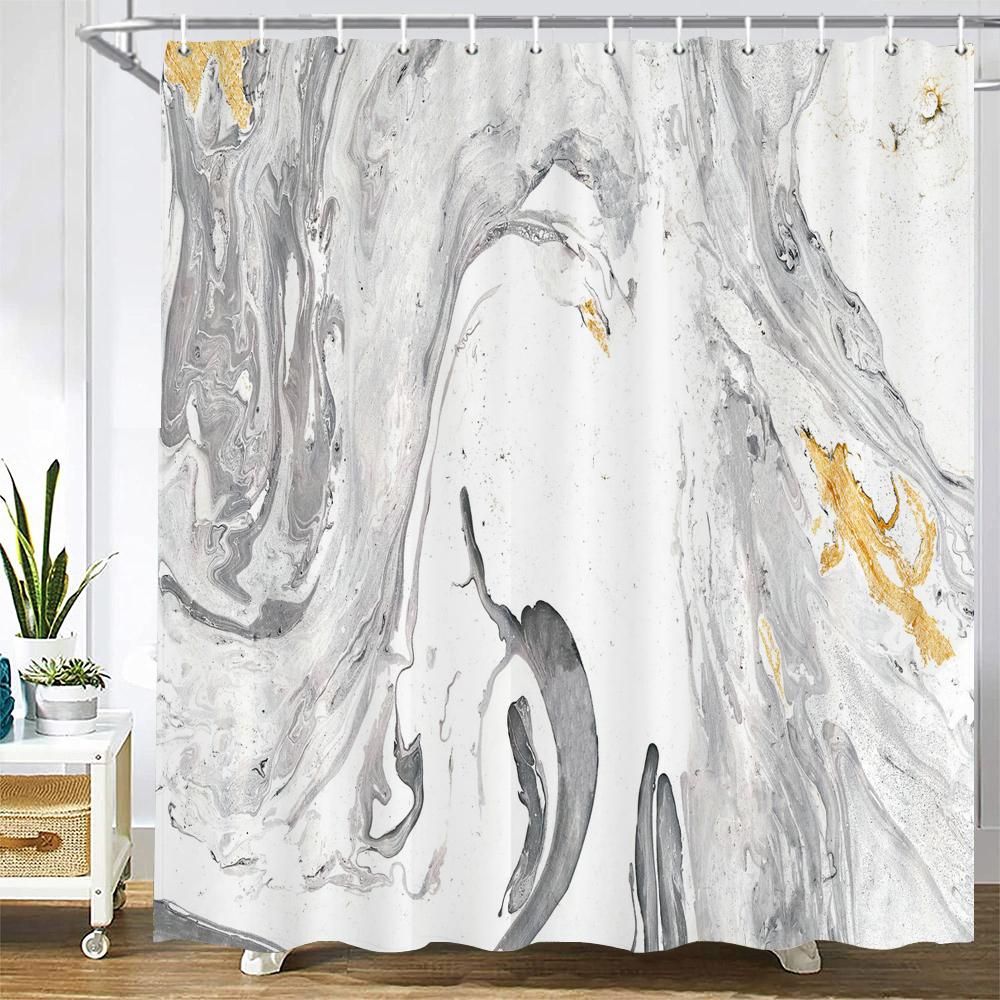 High Quality Geometric Marble Pattern Printed Fabric Shower Curtains Bath Screen Waterproof Products Bathroom Decor with Hooks