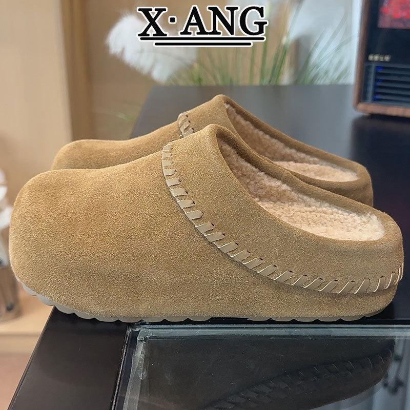 Cowhide inner height increase thick sole women's velvet thermal cotton shoes one pedal lamb wool shoes bag head half slippers