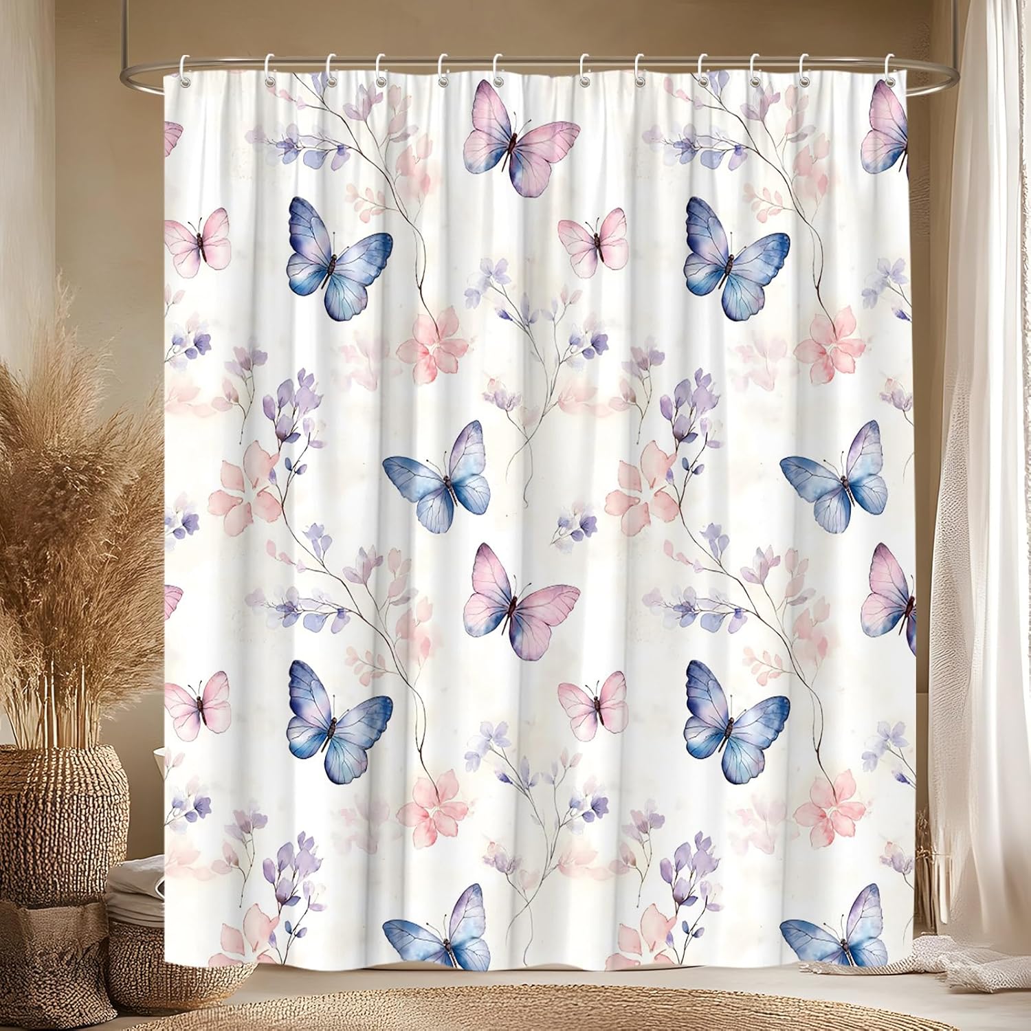 Textile Article Women's Light Butterfly Shower Curtain Watercolor Floral Leaves Wild Animals Rustic Wildflower Aesthetic Girls Bathroom Decor Polyester