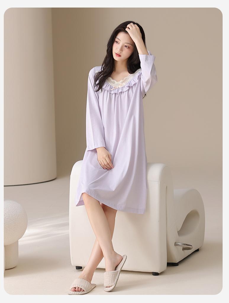 Fenteng [100% Xinjiang Cotton] Skin-Friendly Long-Sleeved Palace Style Nightgown