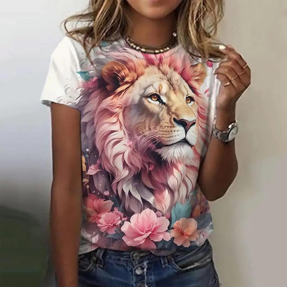 Summer Fashion Round Neck Women's Top 3D Printed with Animal and Flower Patterns, Casual Loose Short Sleeved T-shirt, Plus Size