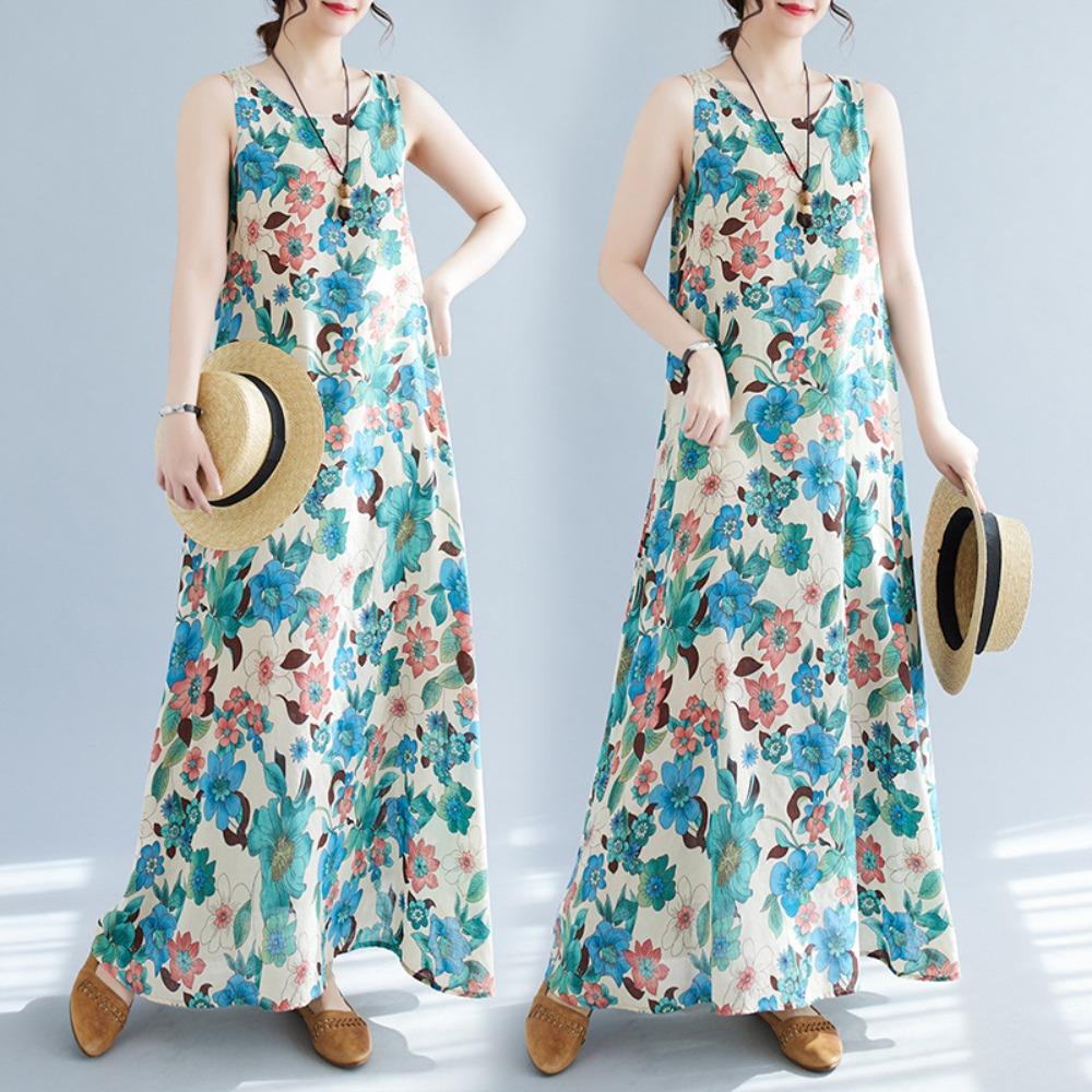 Women's Round Neck Sleeveless Maxi Dress Loose Fit Vintage Floral Print Cotton Linen Casual Dress