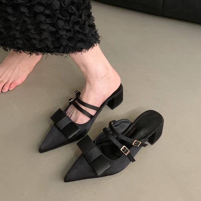 Summer Pointed Toe Women Muels Slippers Fashion Butterfly-knot Thick Heels Party Dress Shoes Buty Designer Sandals for Women