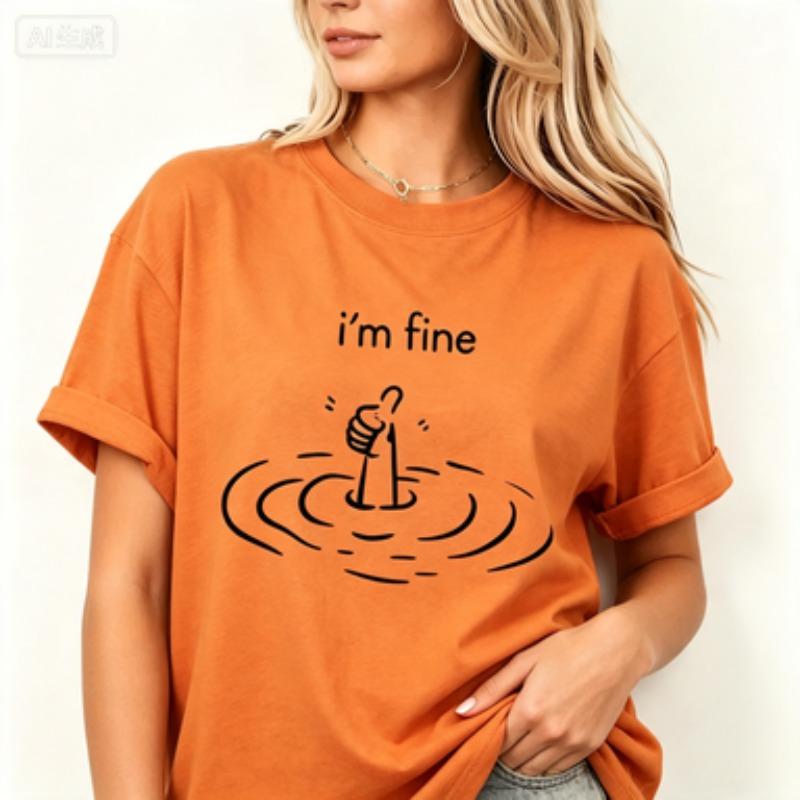 Unisex Cotton Tshirt Im Fine Funny Drowning Hand Graphic Tee Minimal Line Drawing Humorous Unisextal Mood Casual Crew Neck Tops