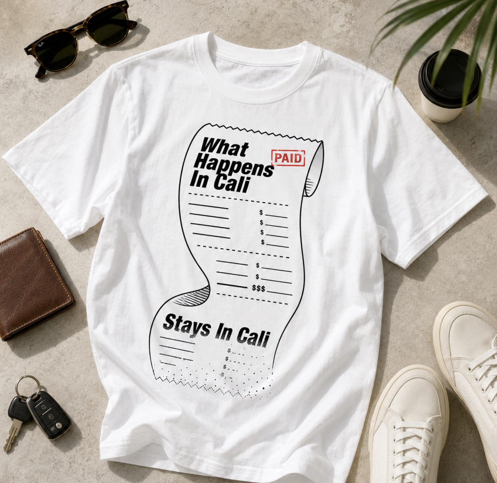 What Happens In Cali Stays There Receipt Graphic Tee – Funny Paid Vacation Shirt L