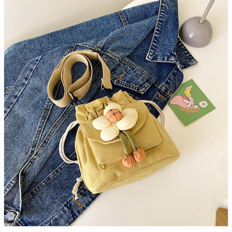 Cute Girl Crossbody Bag Casual Shoulder Bag Women Japanese Minimalist Drawstring Bucket Bag New Floral Design