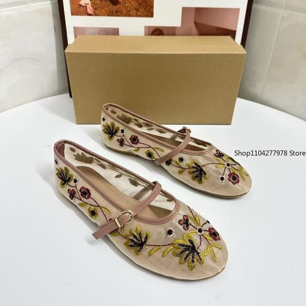 Fashion New Mesh Breathable Ballet Flats Women Luxury Designer Embroidered Flower Mary Jane Shoes Light Comfort Low Heeled Summer Flats