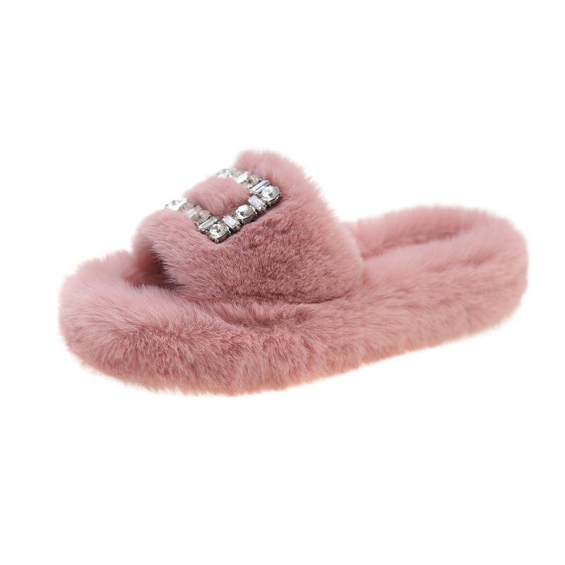 Fashion Slippers Women Fluffy Flip Flops Furry Slides Slipper Ladies Shoes Crystal Hollow Flat Faux Fur Sandals Decor Platform Footwear