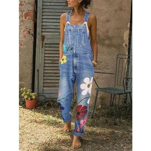 Pantalones con pechera, monos con estampado de flores, pantalones vaqueros azules, mameluco para mujer, pantalones con pechera de mezclilla, monos largos sexis