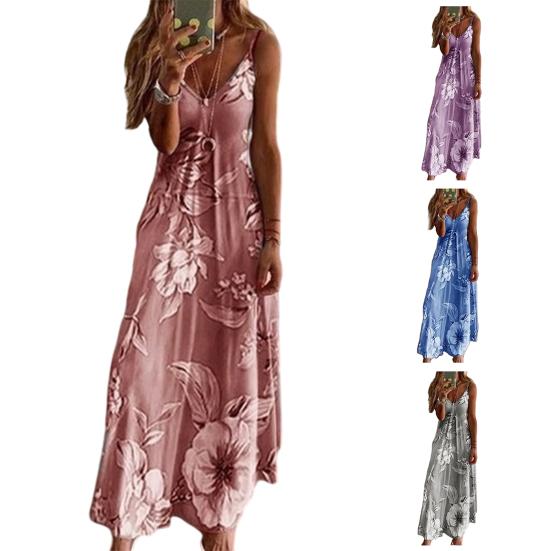 Women Dress Floral Print Large Hem Streetwear Elegant Spaghetti Strap Maxi Dress for Party