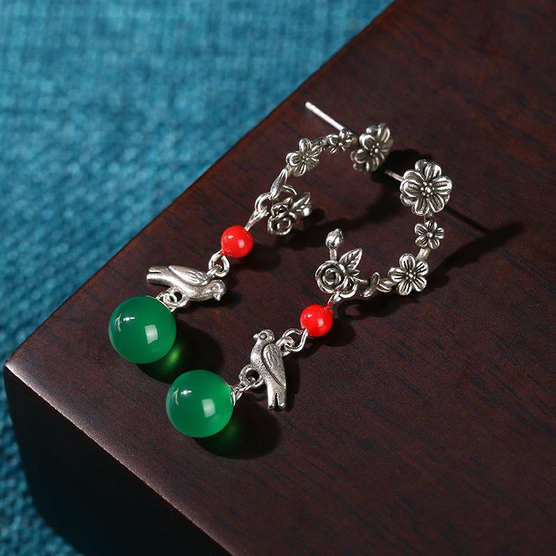 Chinese Retro Magpies On Plum Blossoms Earrings with Green Chalcedony