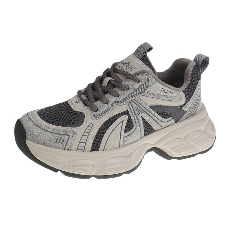 Leather Platform Dad Shoes Women's 2025 New Autumn and Winter Velvet Heightening Lightweight Casual Mesh Red Sneakers