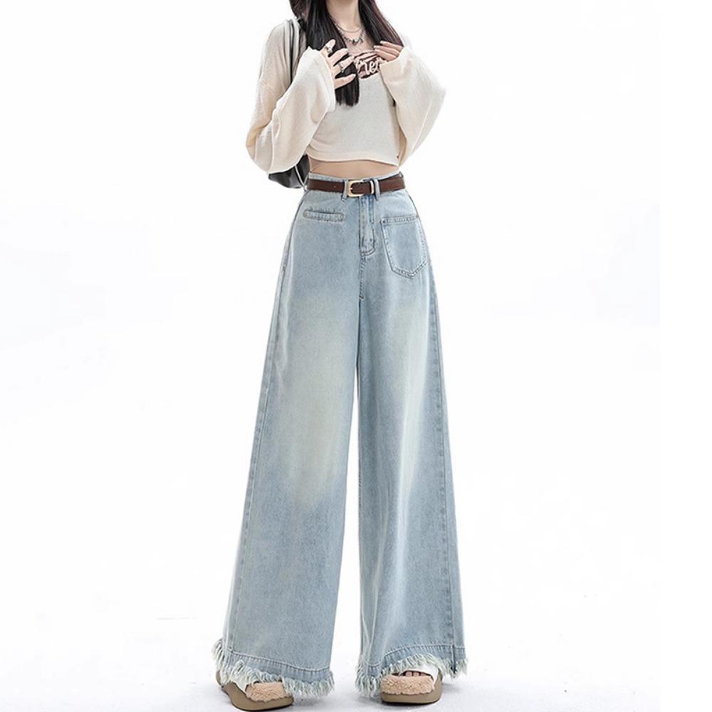 

Street Lazy Wind Rough Edge Wide Leg Jeans Women s Spring and Autumn New High Waist Skinny Loose Floor Mopping Jeans 2XL светло-синий