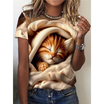 3D Cat Print T-shirt Women's Round Neck Short Sleeve Spring and Autumn Casual and Versatile