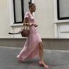 Sundresses for Women Long Dress 2026 Summer V-Neck Short Sleeve Knit Slit Maxi Dress Fashion Bodycon Maxi Dress Beach Vacation Clothes