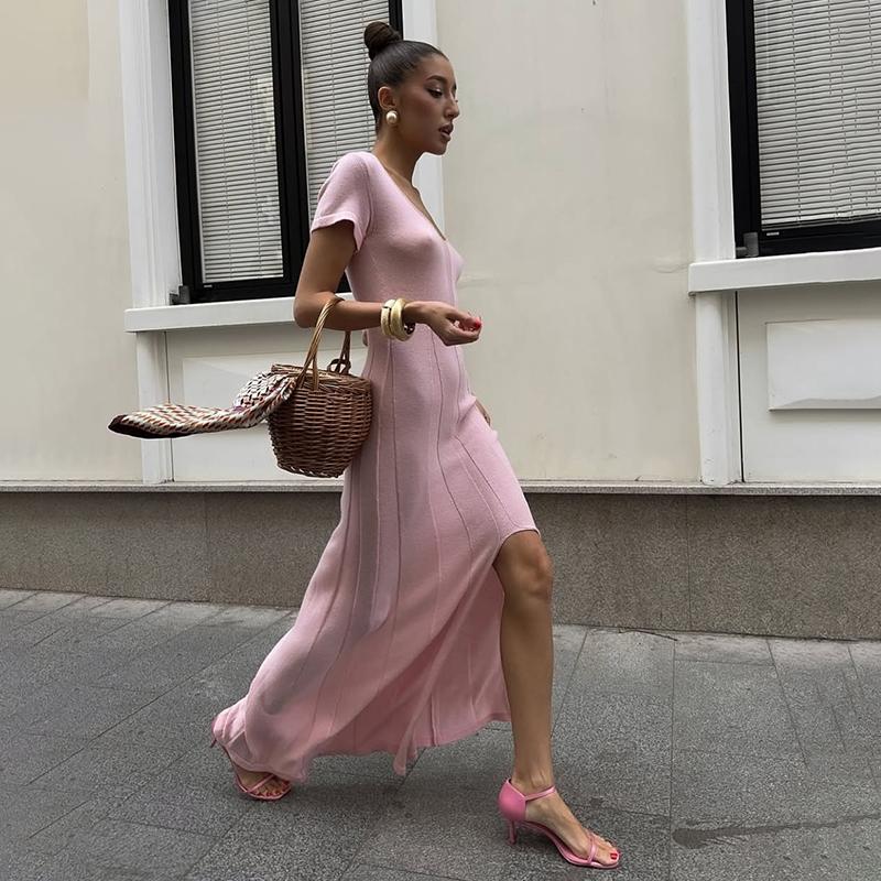 Sundresses for Women Long Dress 2026 Summer V-Neck Short Sleeve Knit Slit Maxi Dress Fashion Bodycon Maxi Dress Beach Vacation Clothes
