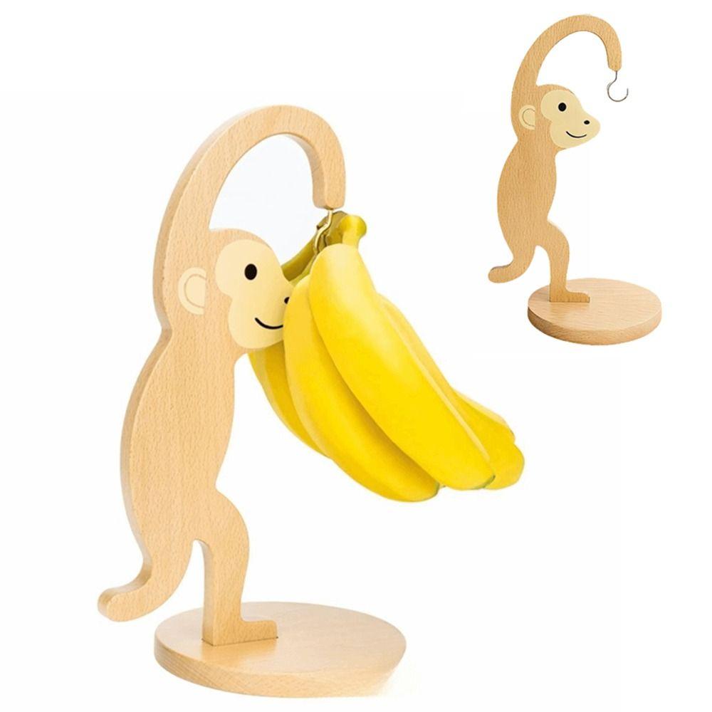 Wooden Material Wooden Banana Hanger Keep Bananas Fresh Stainless Steel Hook Monkey Shape Banana Holder Vertical Design