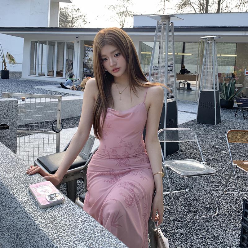 2026 Spring/Summer Pink Bamboo Rhyme Spaghetti Strap Long Dress for Women