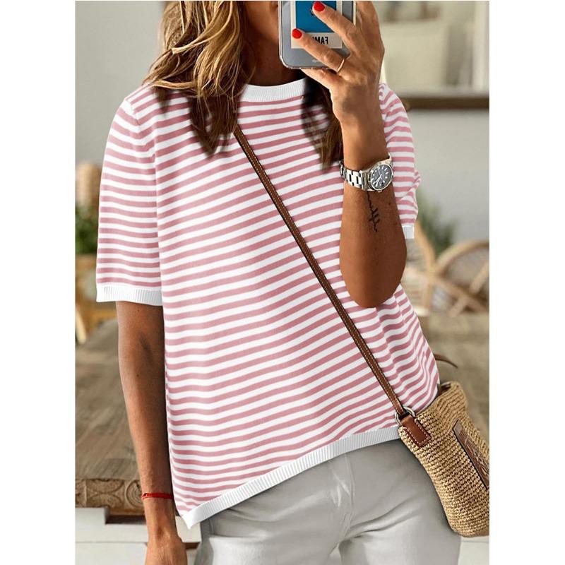 Women's Summer New Round Neck Striped Collision Colour Short Sleeve Casual Jumper