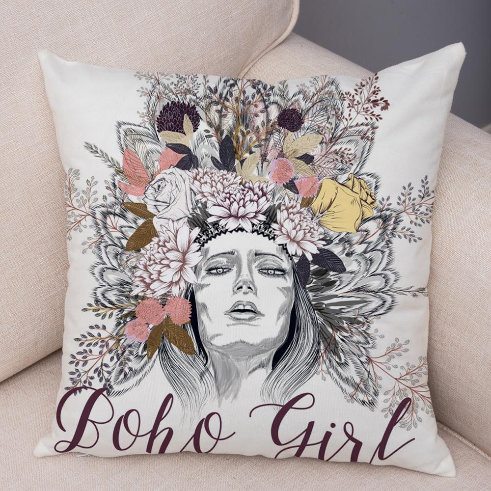 Boho Woman Art Pillowcase Double Print Fashion Lady Cushion Cover Soft Plush Portrait Pillowcase Bedroom Decor
