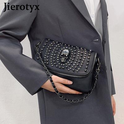 Novo design feminino bolsa de ombro vintage punk crânio tote couro preto crossbody sacos moda rebite quente ins ótima qualidade