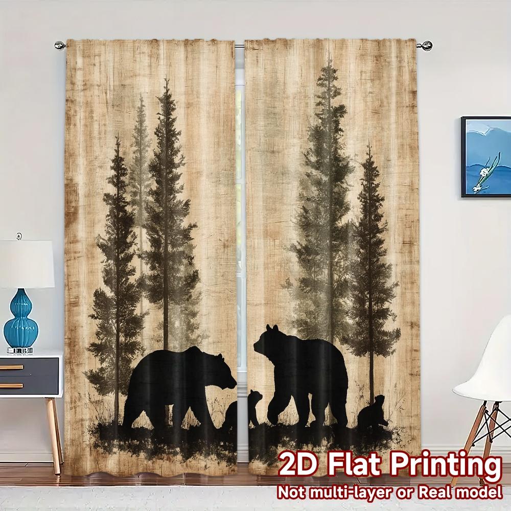 

Flat Printing Curtains Without Rod Bearfamilysilhouettes Print Popular Fabric Insulation Thermal Set Of 2 Made Polyester W100*H70(CM)-Grommet top&2PCS