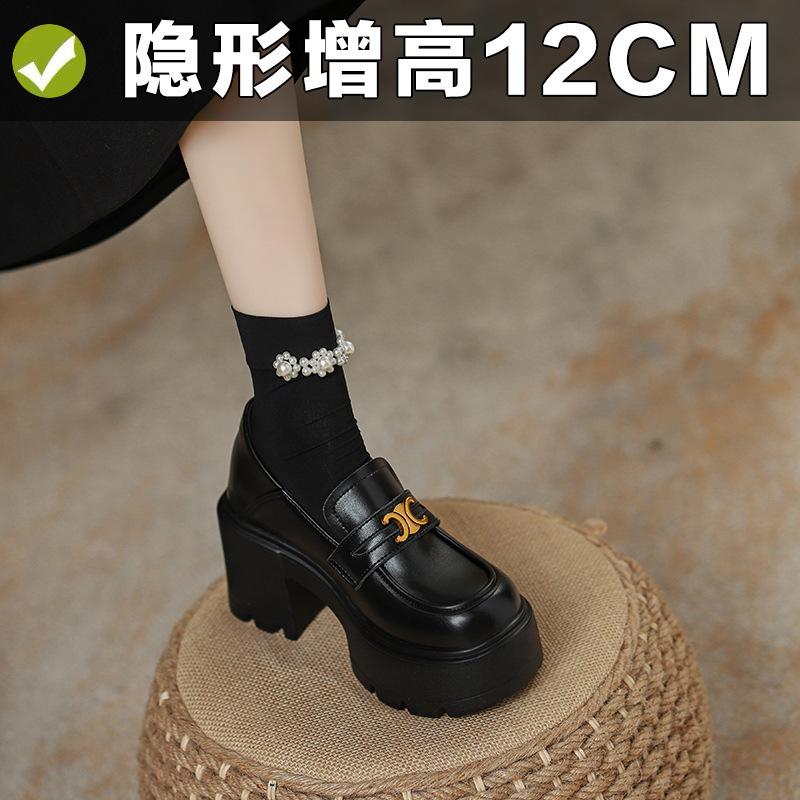 

Inner height increase 12cm women s new versatile thick-soled spring and autumn black small leather shoes round head 34 32 чёрный