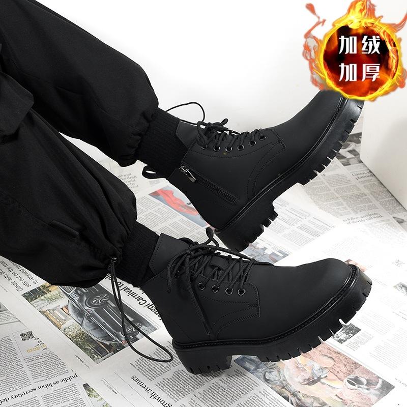 Martin Boots Men's Black High-top Leather Shoes 2 New Medium-top Locomotive Boots Boys Heightening Leather Boots