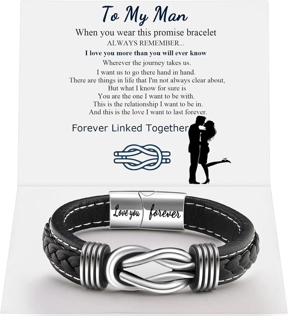 Bracelet en Cuir Nœud Infini pour Homme Anniversaire Noël Anniversaire Hommes Liés Ensemble pour Toujours Bracelet Manchette Tressé pour Fils