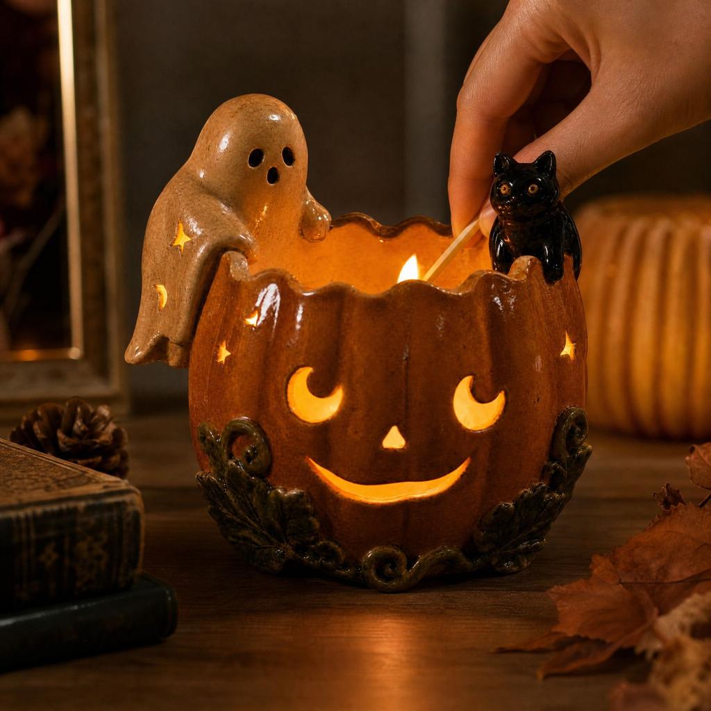 Halloween Pumpkin Candle Holder - Tabletop Decor for Creating