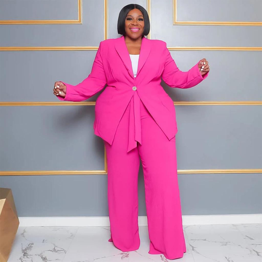 European & American Plus Size Women's Professional Casual Two-Piece Set - Long Sleeve Top & Pants with Tie